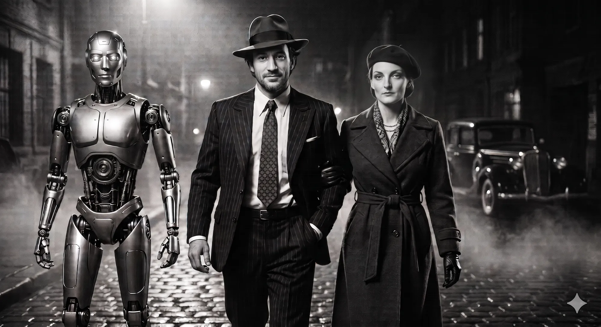 Clyde et Bonnie dans une rue de Bruxelles la nuit, accompagnés de leur agent IA