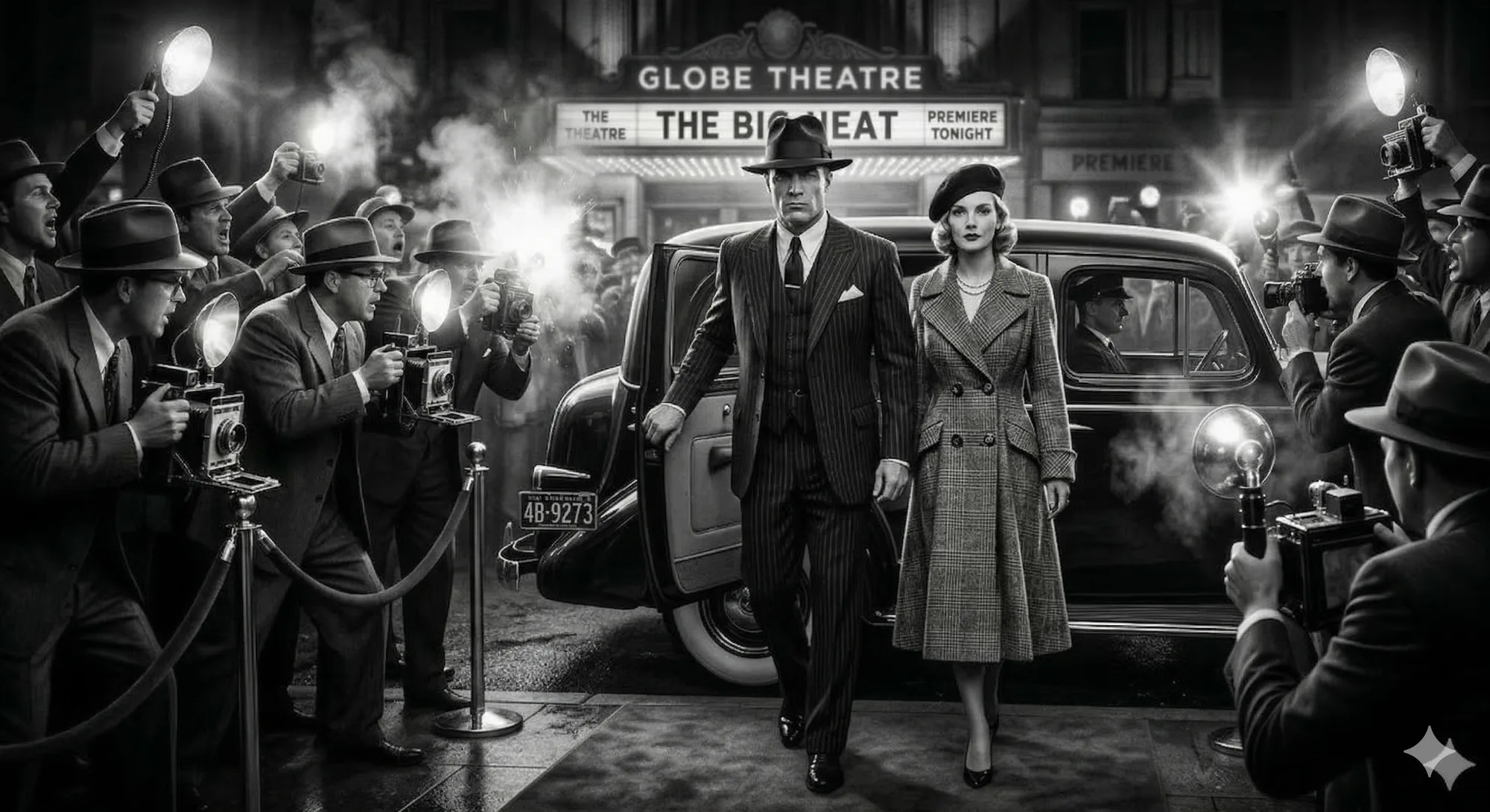 Clyde and Bonnie sortent d’une voiture sous les flashes des photographes, un soir de première