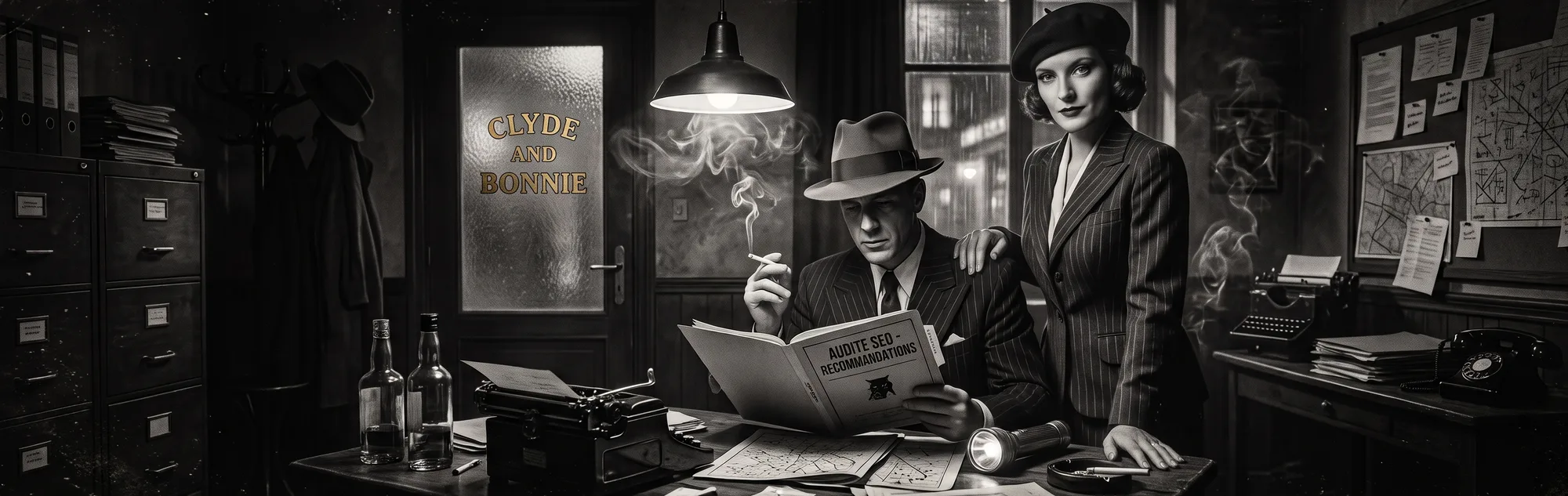 Le bureau de Clyde and Bonnie, un rapport d’audit SEO ouvert sous la lampe