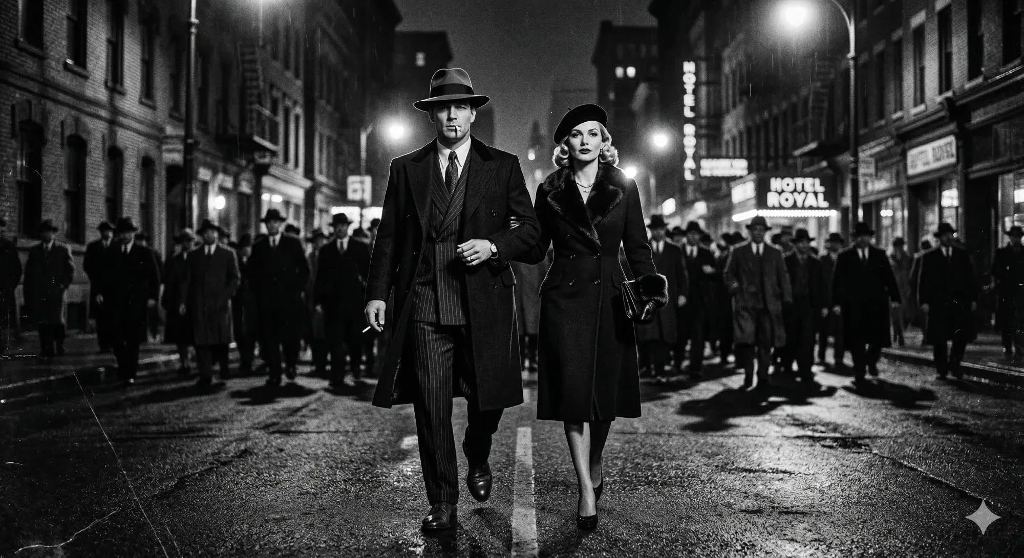 Clyde and Bonnie en tête de la foule, dans une rue la nuit